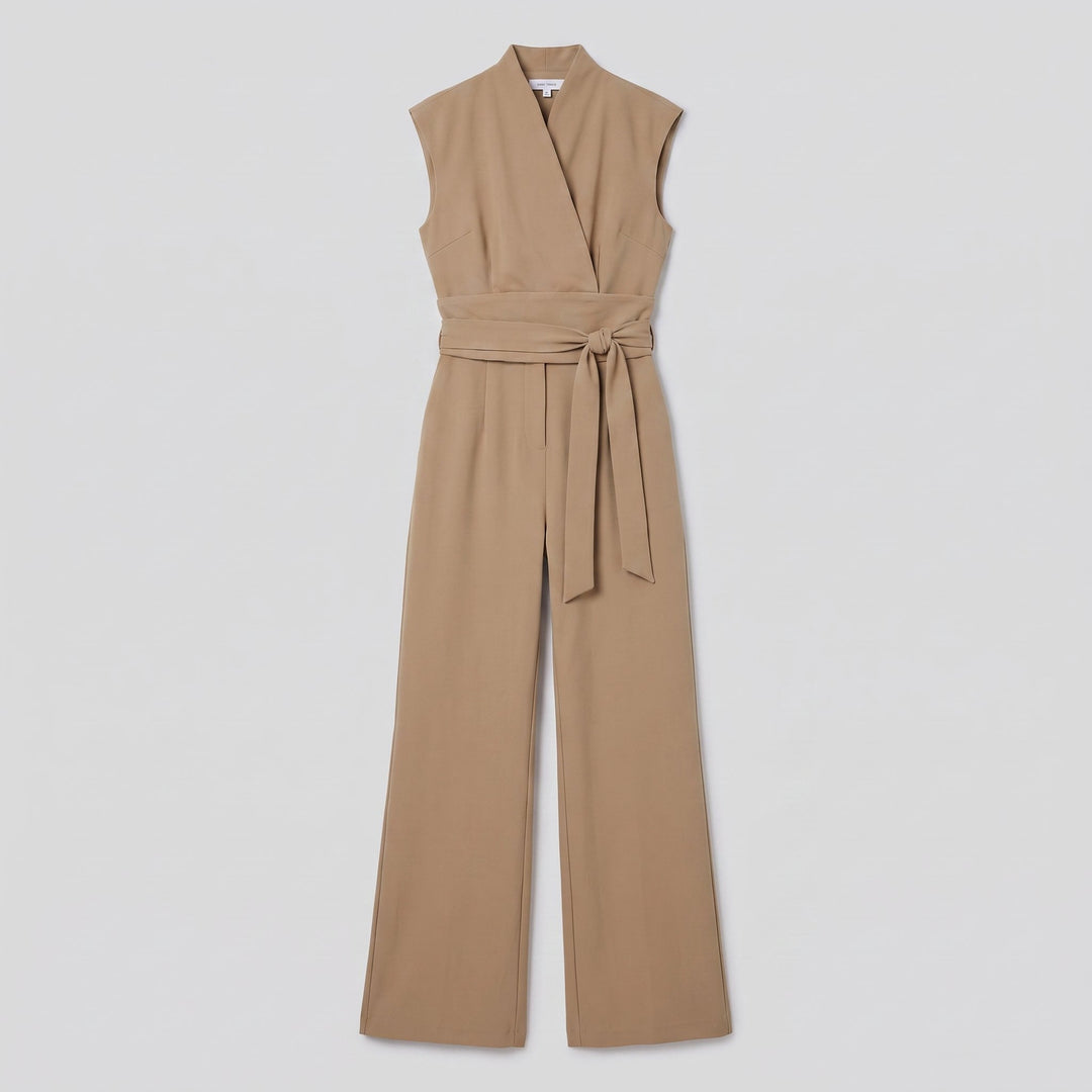 Malin Tassou chic sleeveless overall in khaki tan, flat product view
