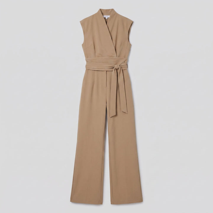 Malin Tassou chic sleeveless overall in khaki tan, flat product view