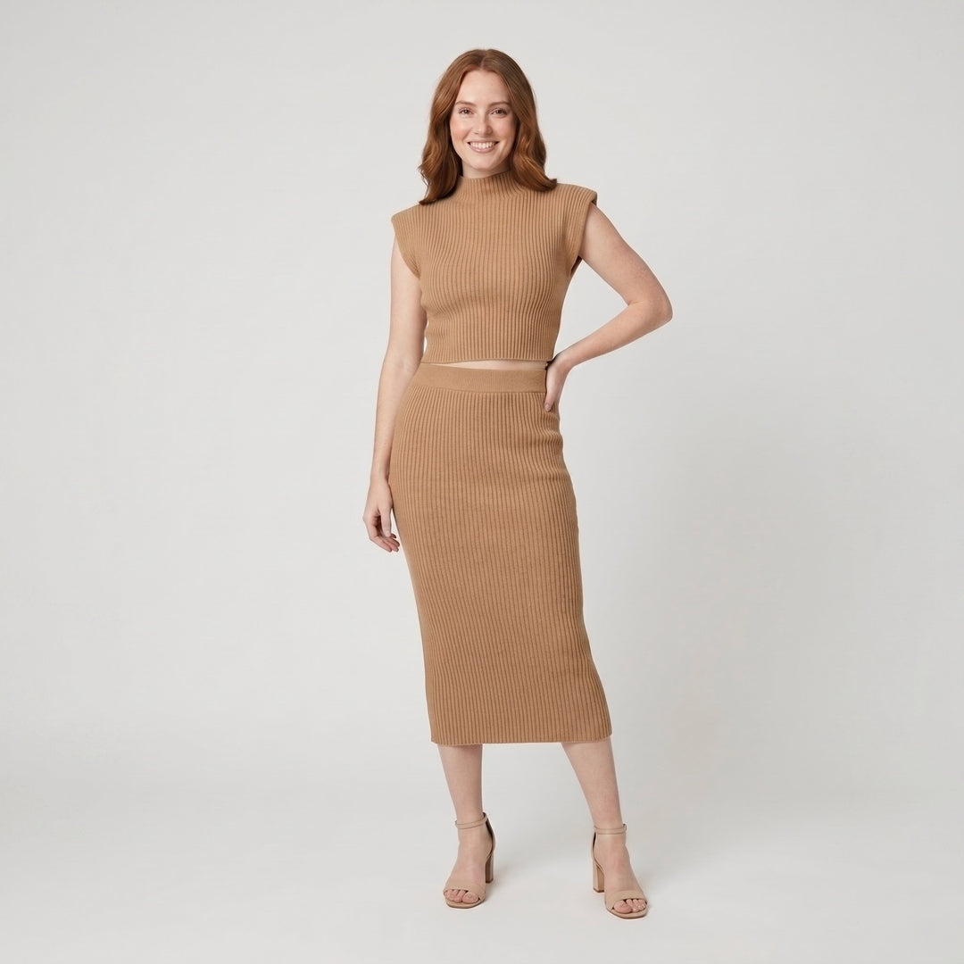 Maratea camel rib knit set on model