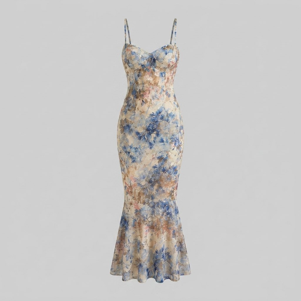 Margaux floral mermaid maxi dress blue product flat lay