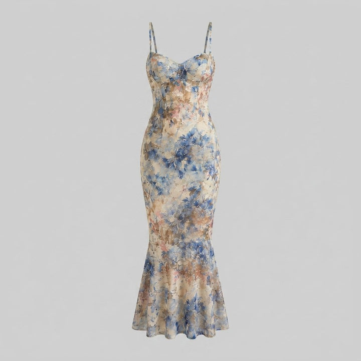 Margaux floral mermaid maxi dress blue product flat lay