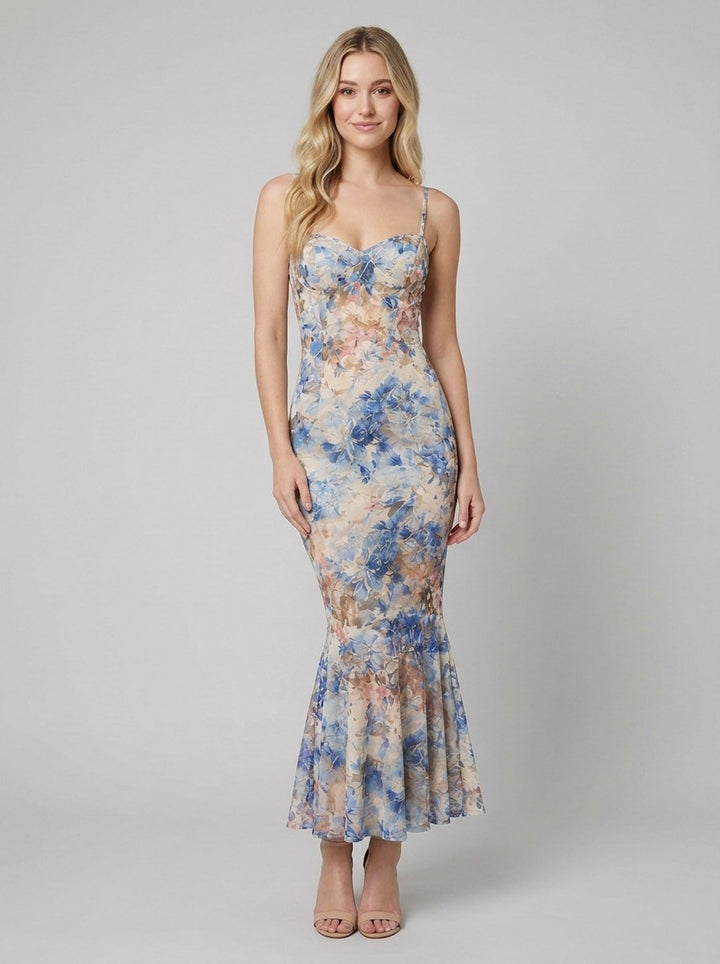 Margaux floral mermaid maxi dress blue front on model