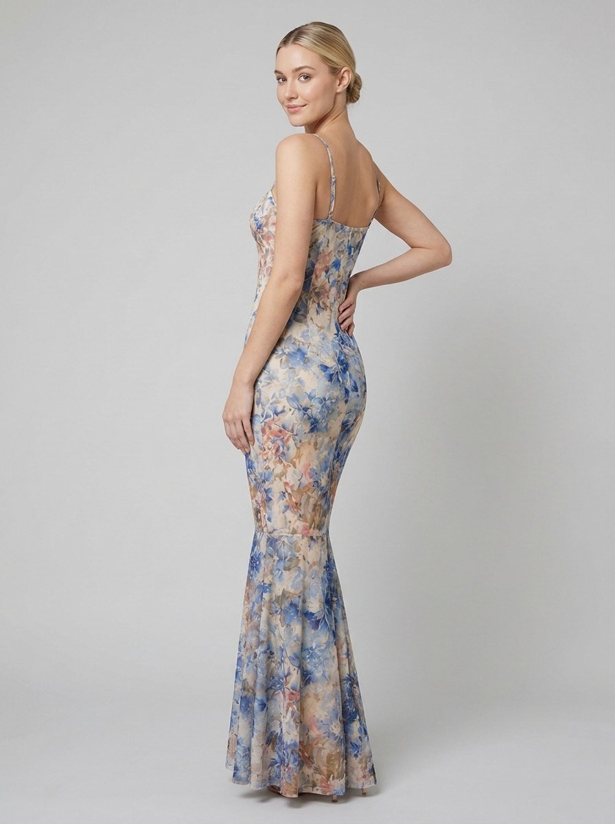 Margaux floral mermaid maxi dress blue side on model