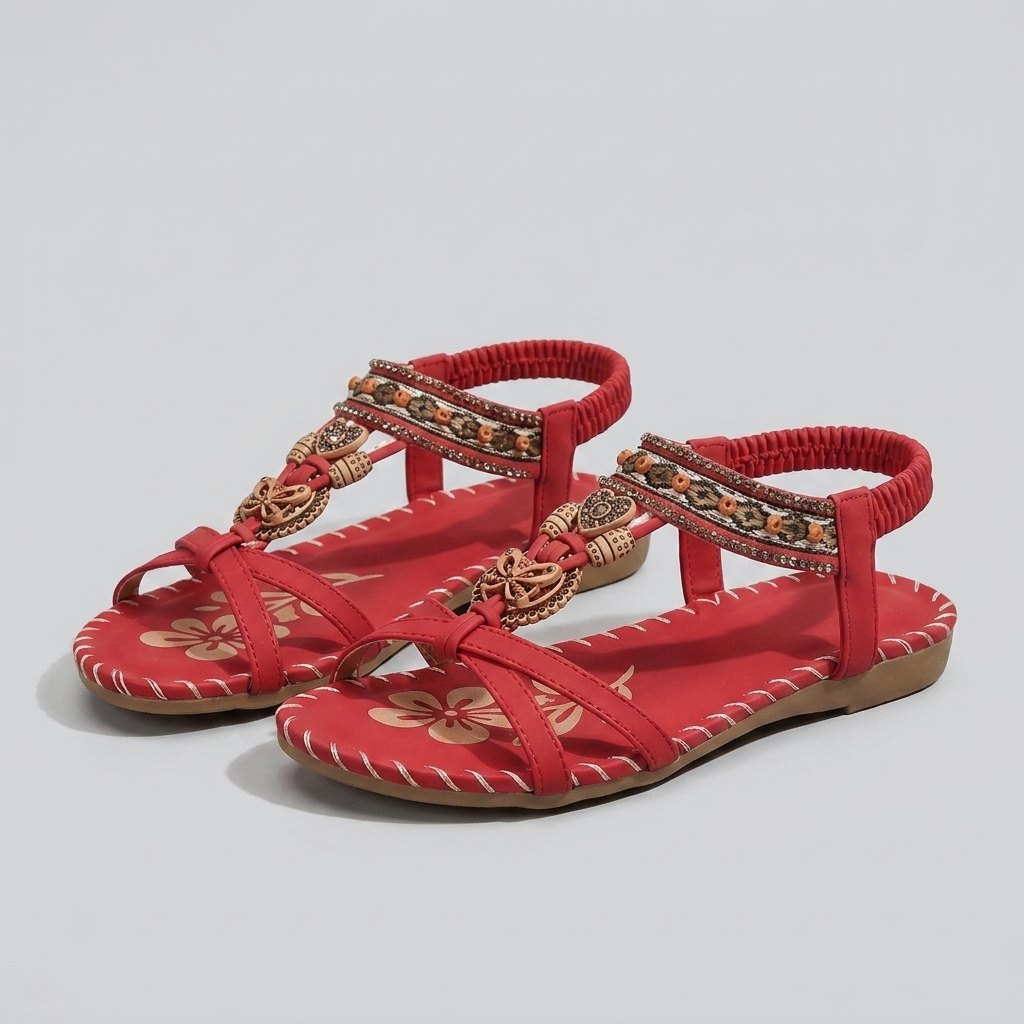 Red beaded flat sandal with elastic heel strap, front view