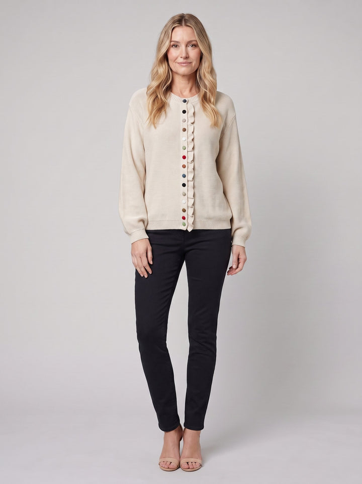 MARGOT cotton cardigan in beige, front view relaxed pose