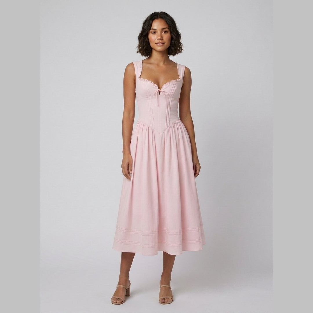 Marlena pink corset midi dress on model second pose