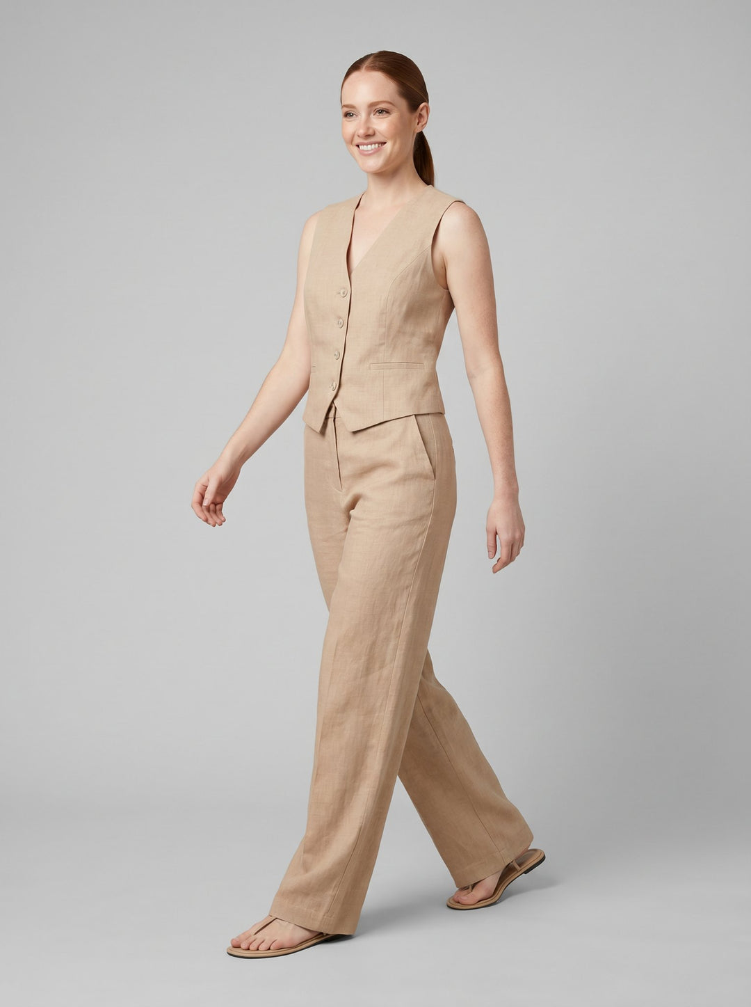 Marlowe linen trouser set beige on model