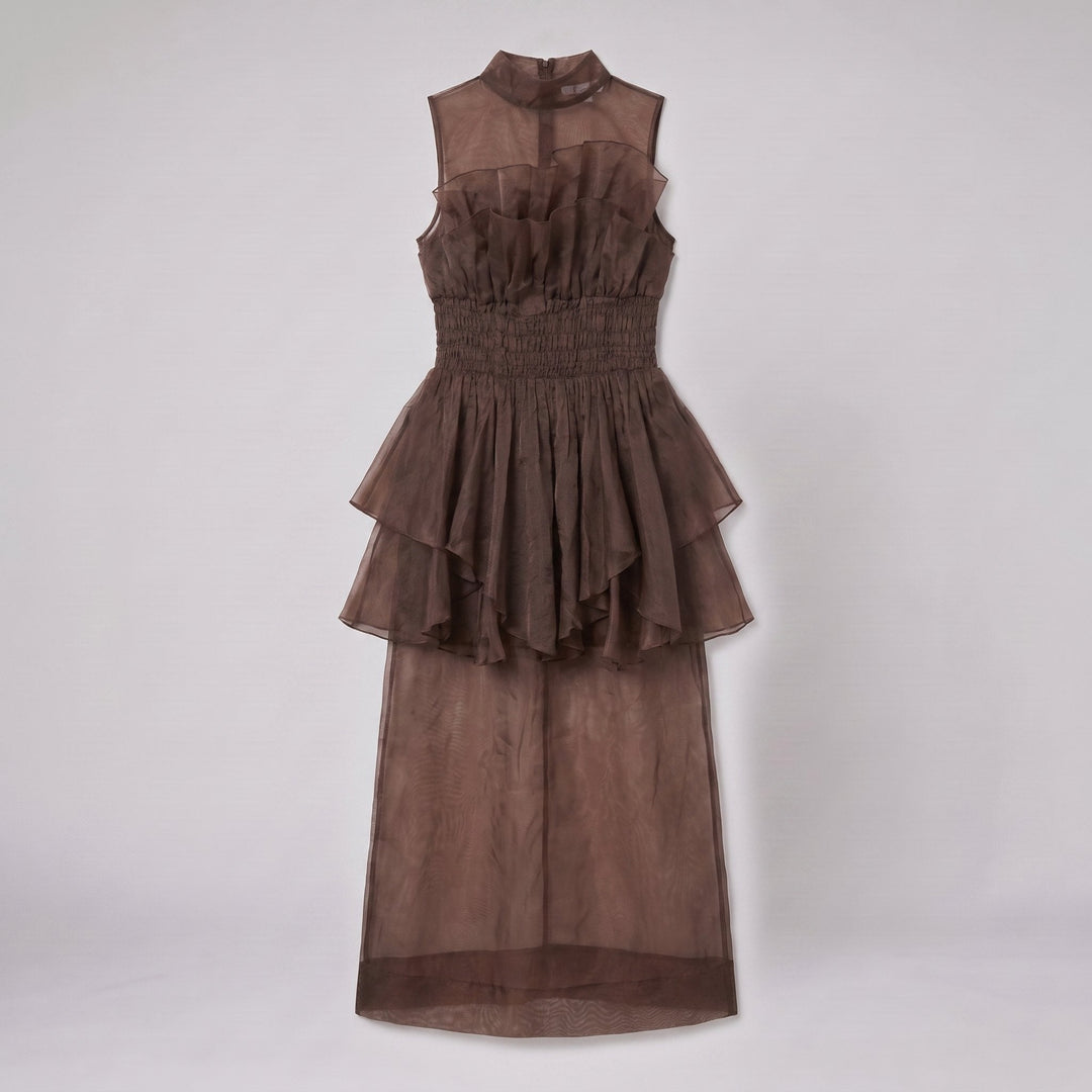 Chocolate one-shoulder ruffled maxi dress laid flat, full garment