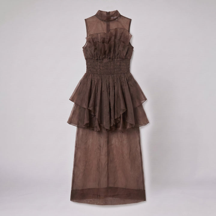 Chocolate one-shoulder ruffled maxi dress laid flat, full garment