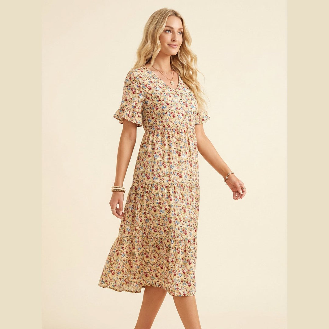 Mathilde floral midi dress apricot on model