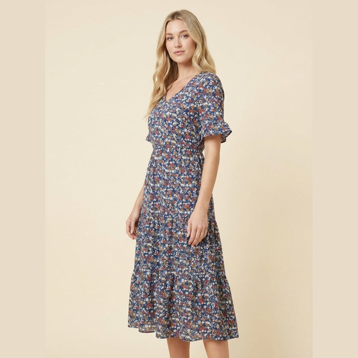 Mathilde floral midi dress blue on model