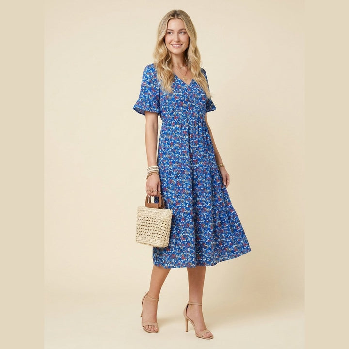 Mathilde floral midi dress royal blue on model