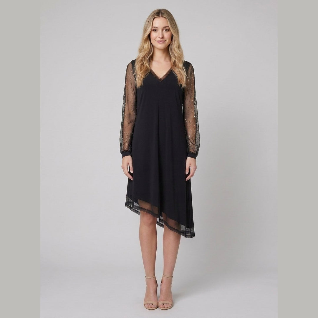 Matilda black evening dress sheer sleeves on model second pose