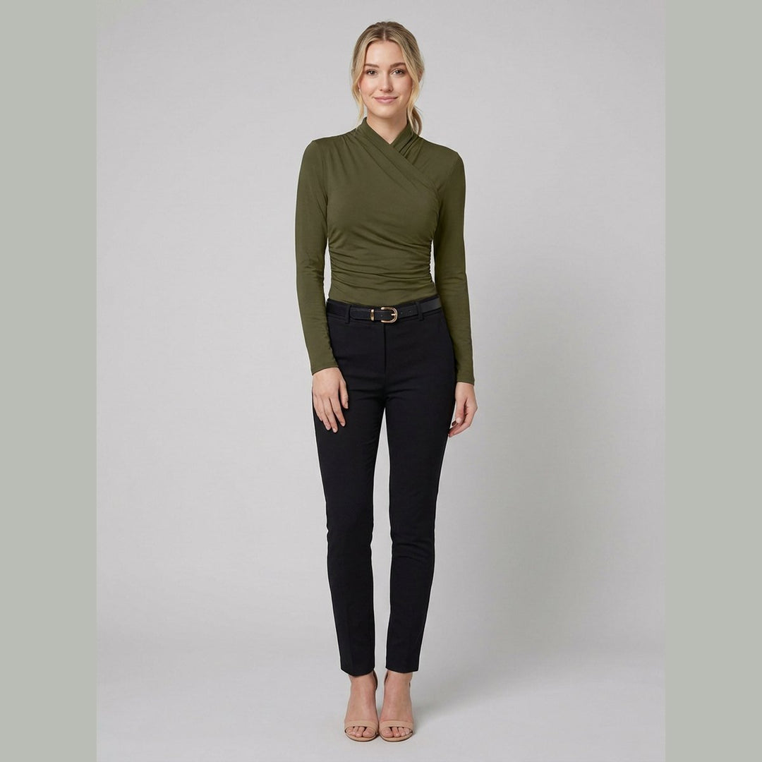 Army green t-shirt with pleated cross-over collar, front view on model