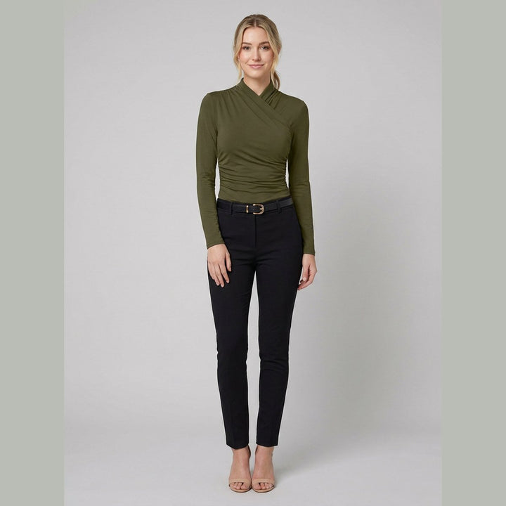 Army green t-shirt with pleated cross-over collar, front view on model