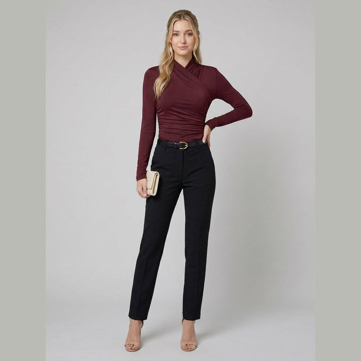 Burgundy t-shirt with pleated cross-over collar, front view on model