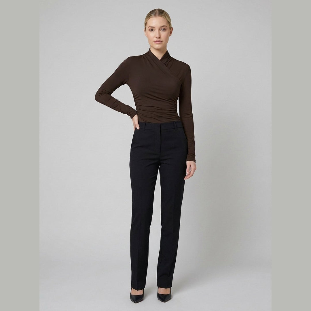 Dark brown t-shirt with pleated cross-over collar, front view on model