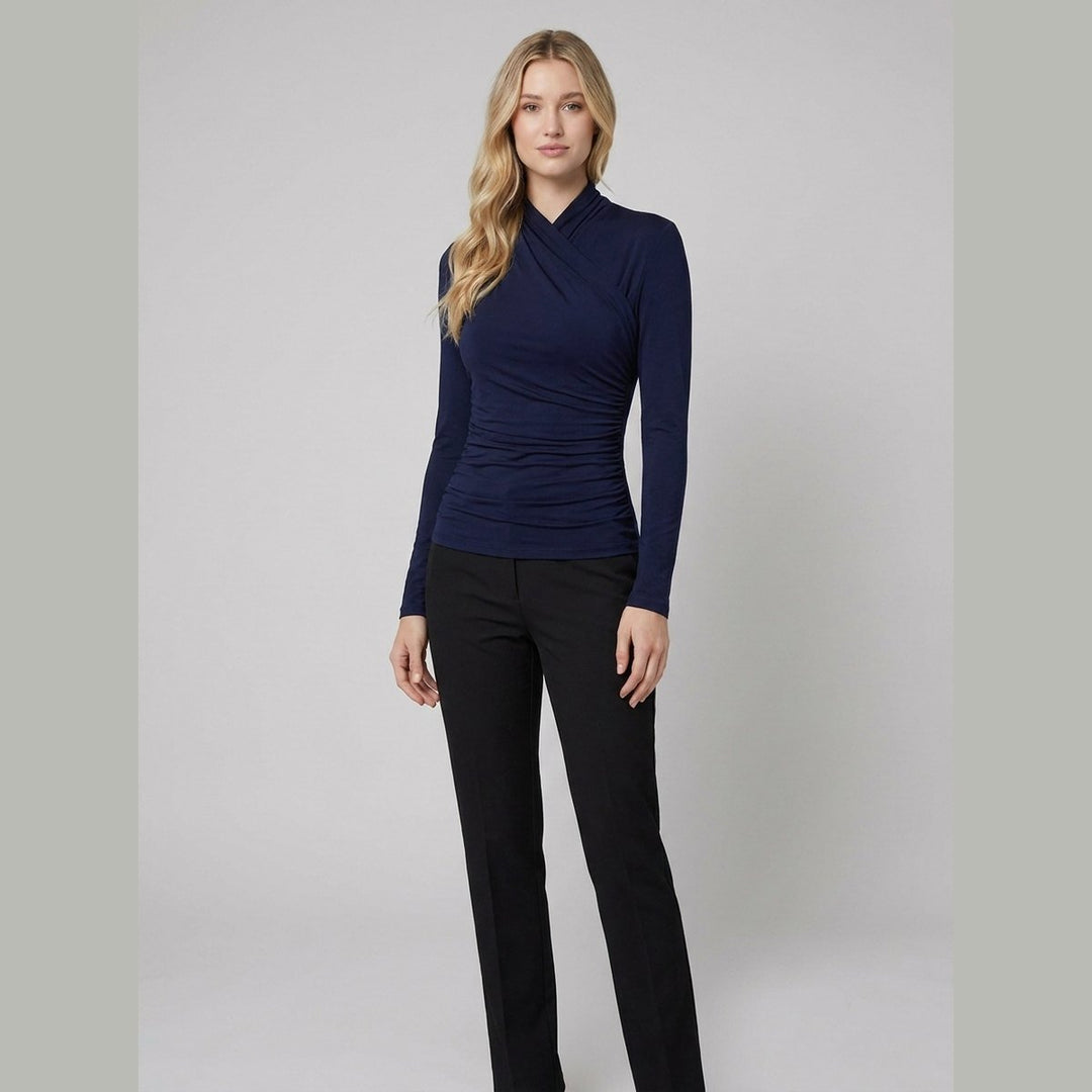 Navy t-shirt with pleated cross-over collar, front view on model