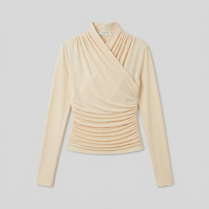 Cross-over collar t-shirt laid flat, showing the slim fit