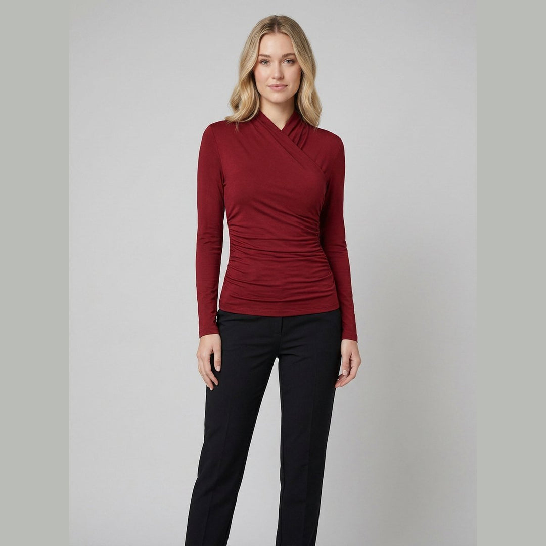 Red t-shirt with pleated cross-over collar, front view on model