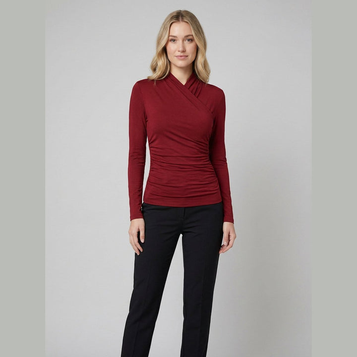 Red t-shirt with pleated cross-over collar, front view on model