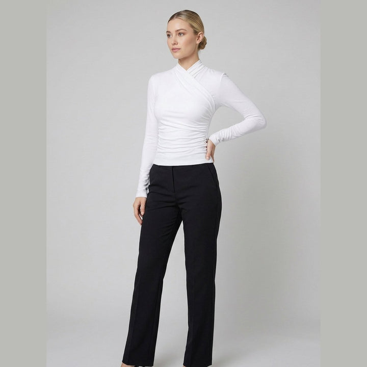 White t-shirt with pleated cross-over collar, front view on model