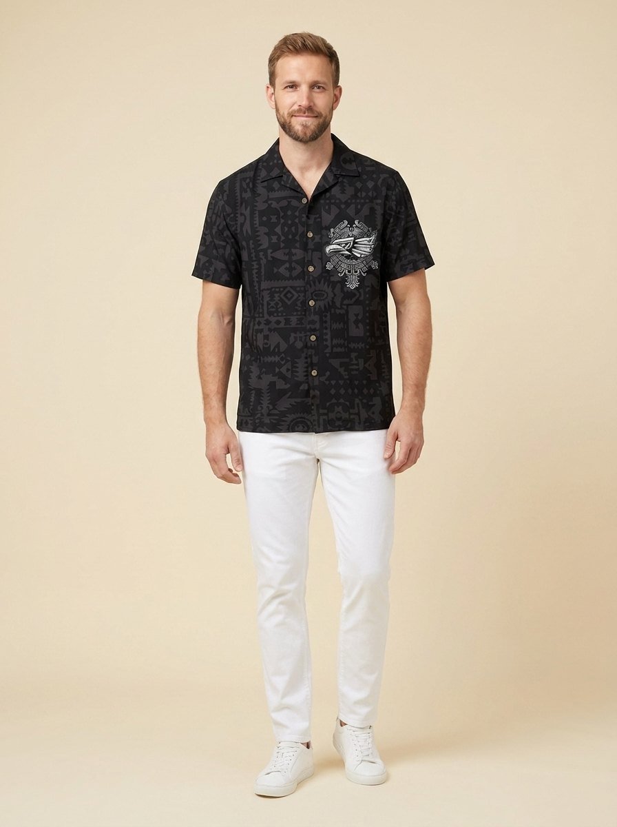 Maverick men's aztec print camp shirt in black front