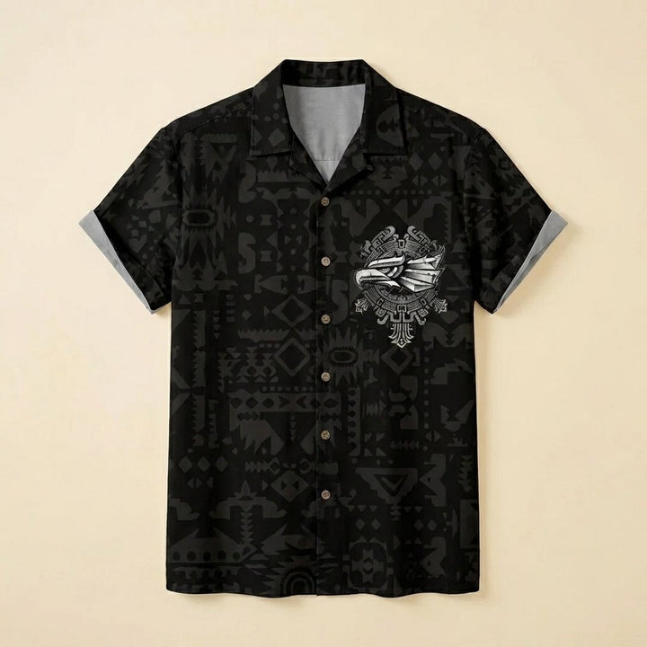 Maverick aztec print camp shirt flat lay black