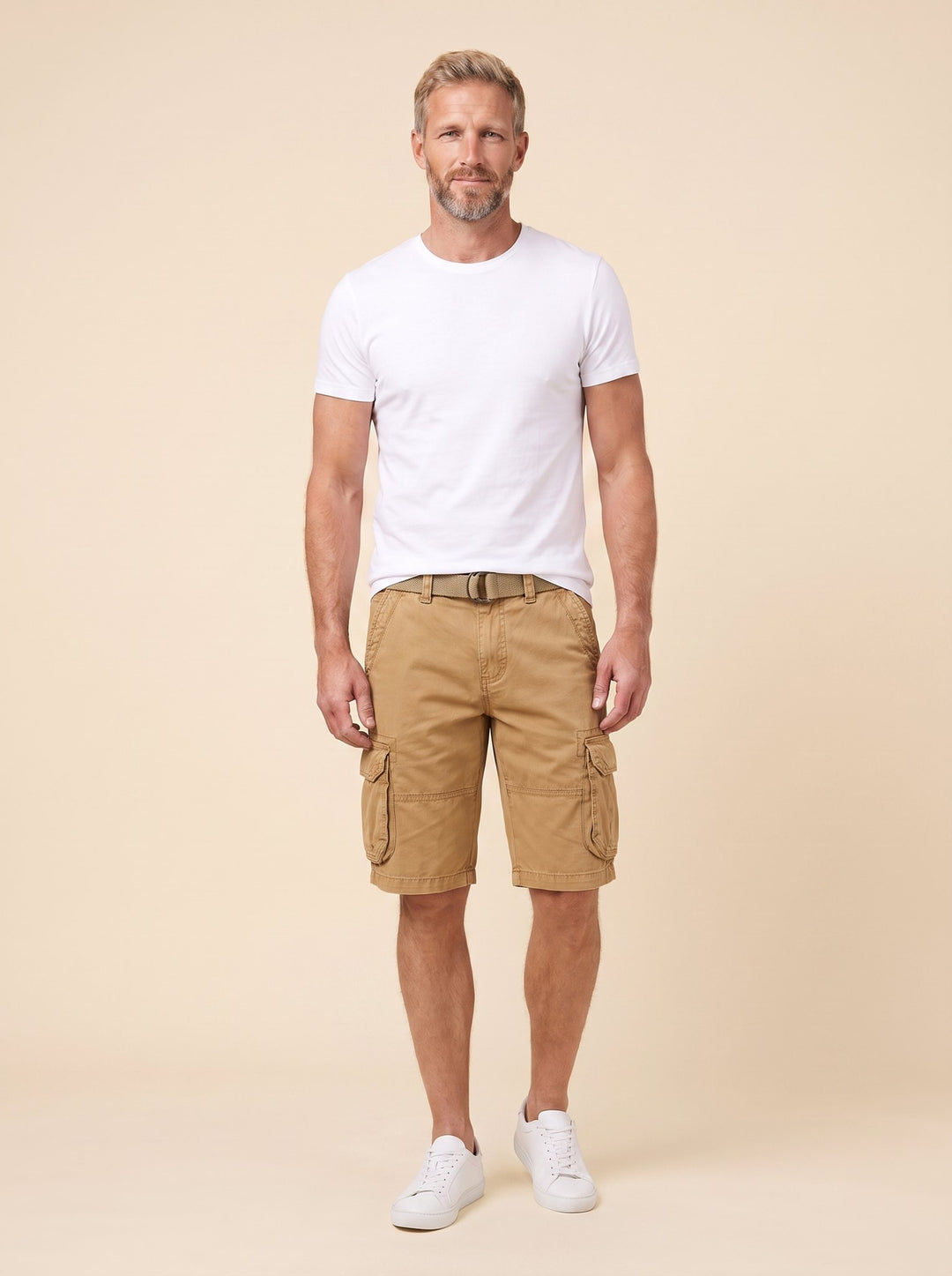 Maverick men's cargo shorts camel tan, front view on model