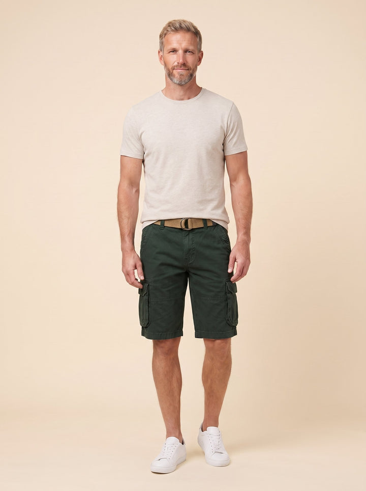 Maverick men's cargo shorts dark green, front view on model