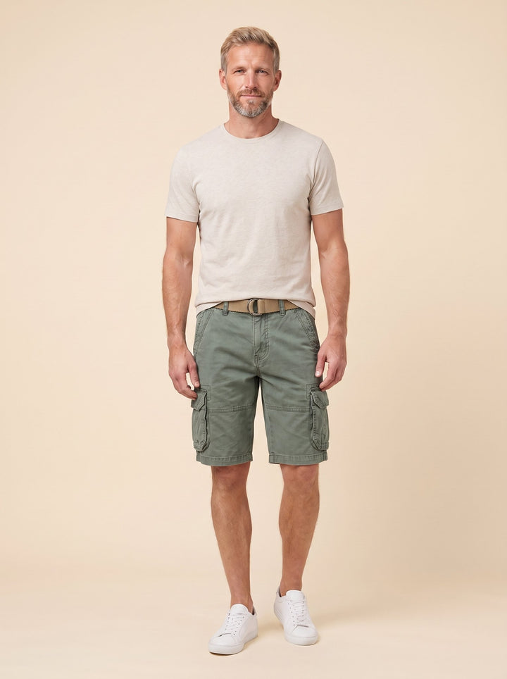 Maverick men's cargo shorts olive green, front view on model