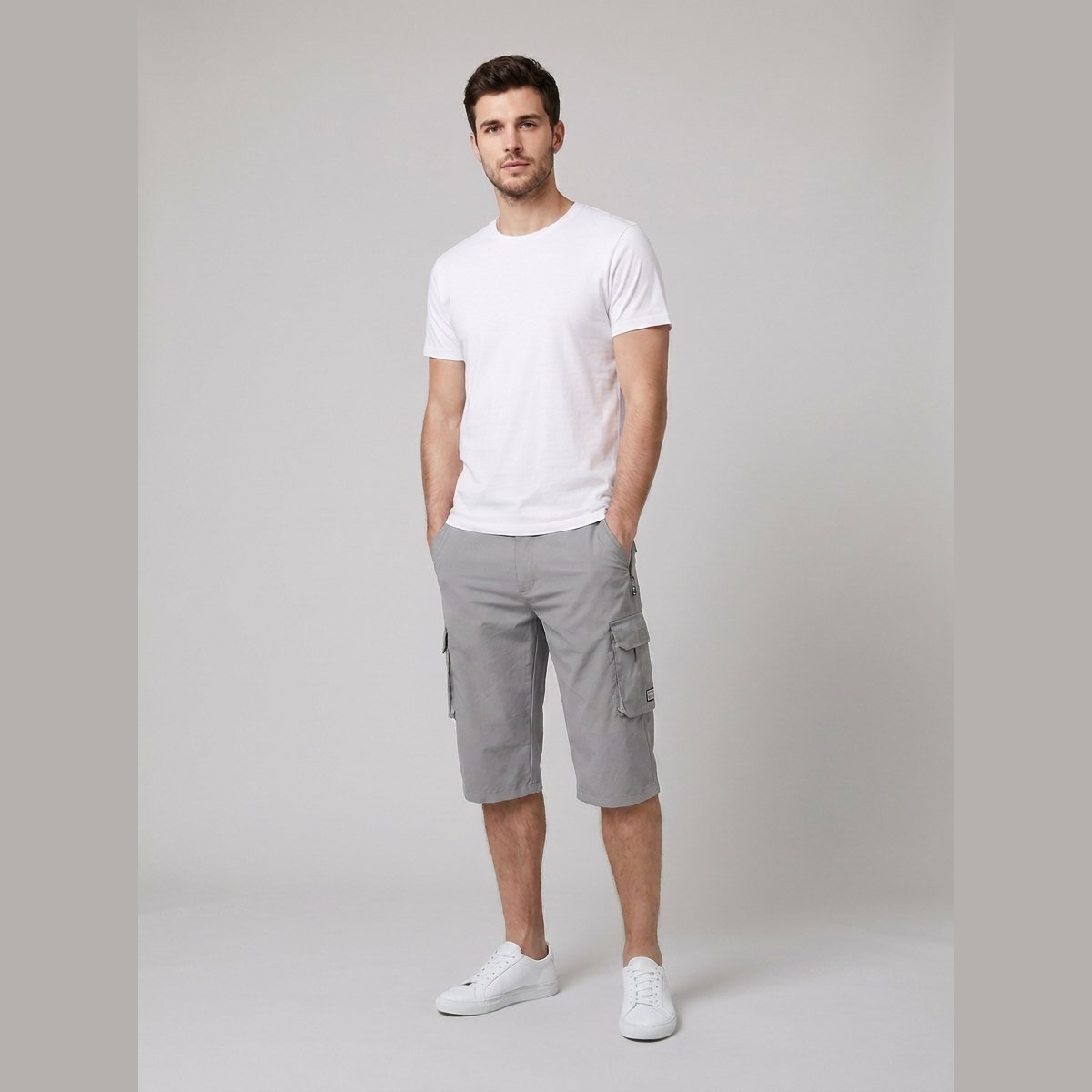 Maverick men's cargo shorts light gray on model