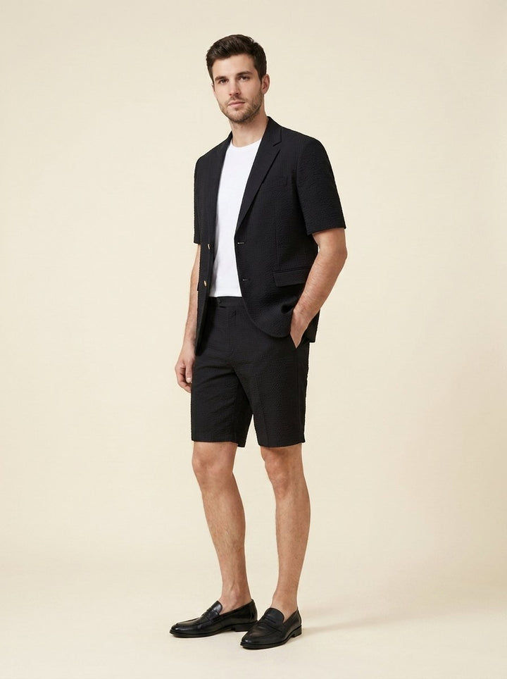 Maverick men's seersucker blazer and shorts set in black