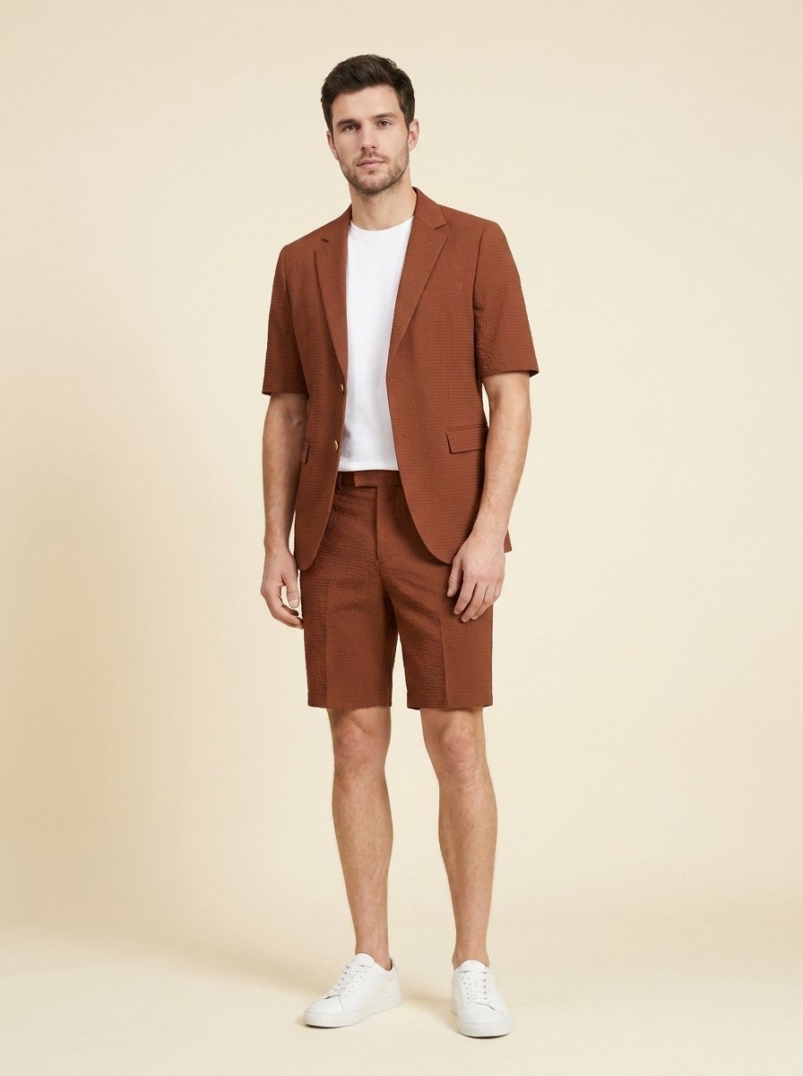Maverick men's seersucker blazer and shorts set in rust brown