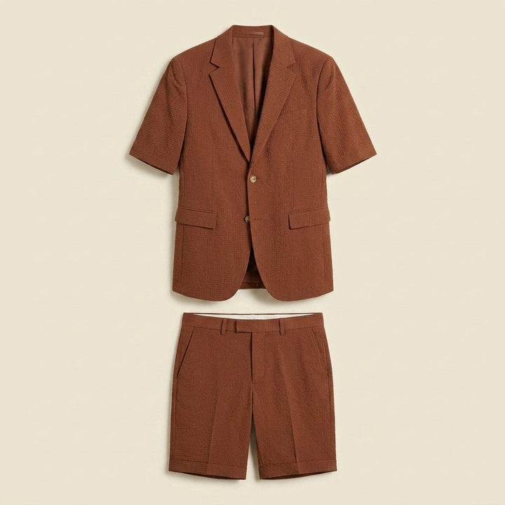 Maverick men's seersucker blazer and shorts set flat lay rust brown