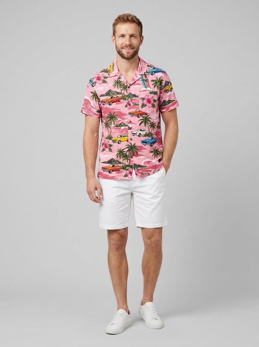Maverick Hawaiian shirt vintage car print, pink, on model