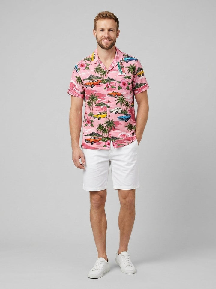 Maverick Hawaiian shirt vintage car print, pink, on model