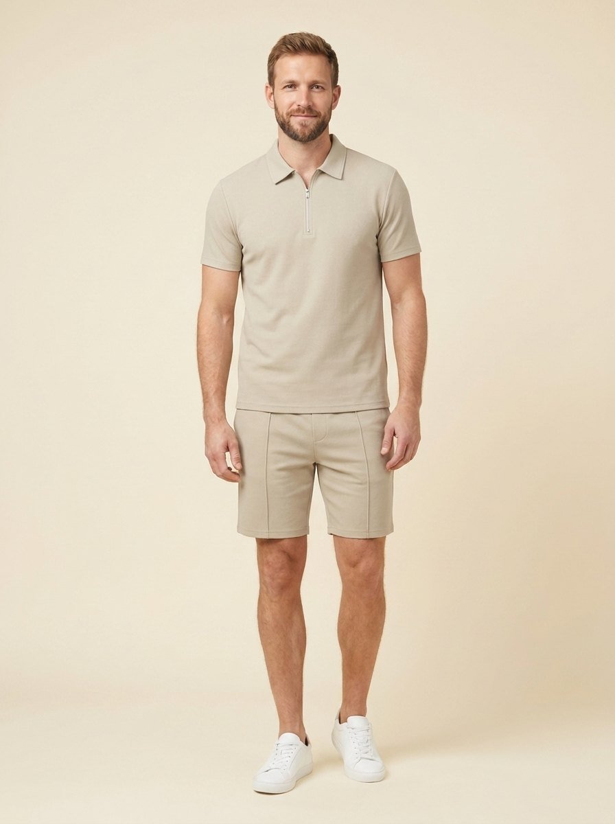 Maverick men's zipper polo and shorts summer set in khaki