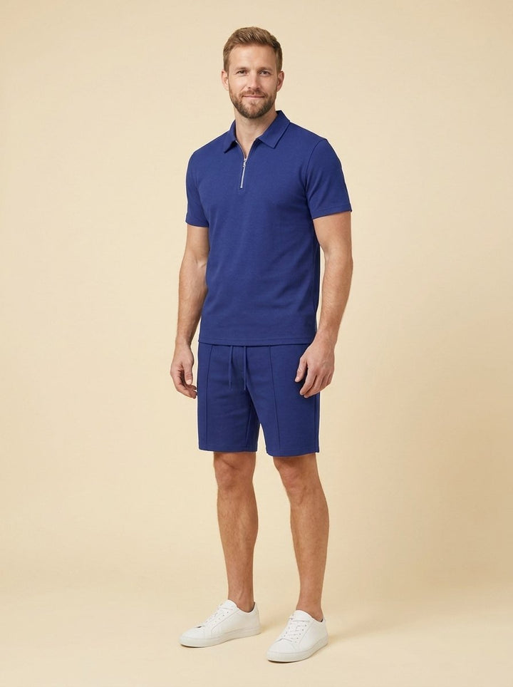 Maverick men's zipper polo and shorts summer set in marine blue
