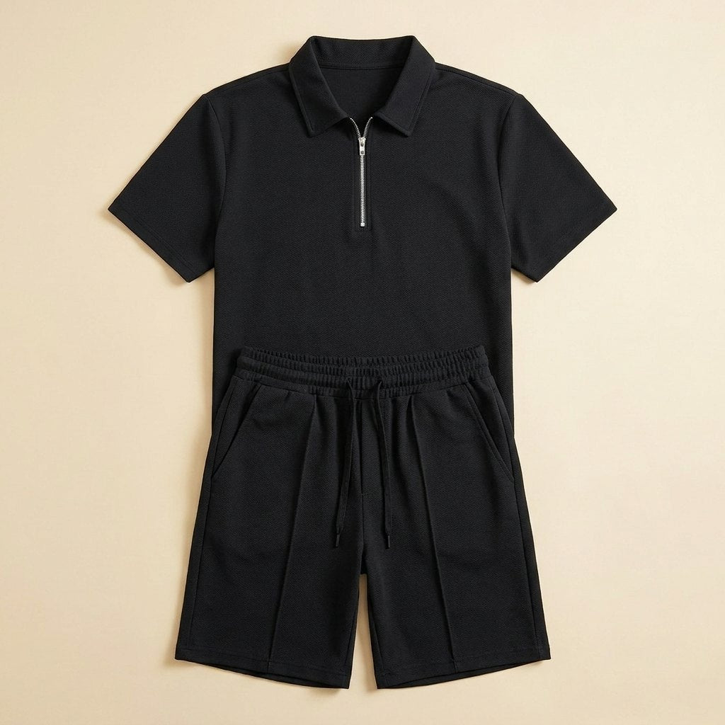 Maverick zipper polo and shorts set flat lay black