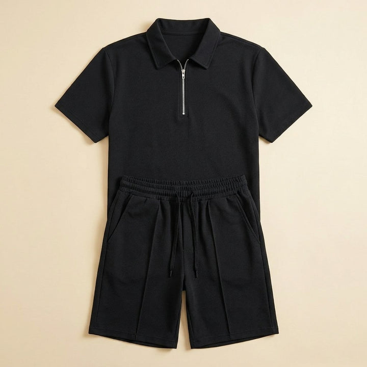 Maverick zipper polo and shorts set flat lay black