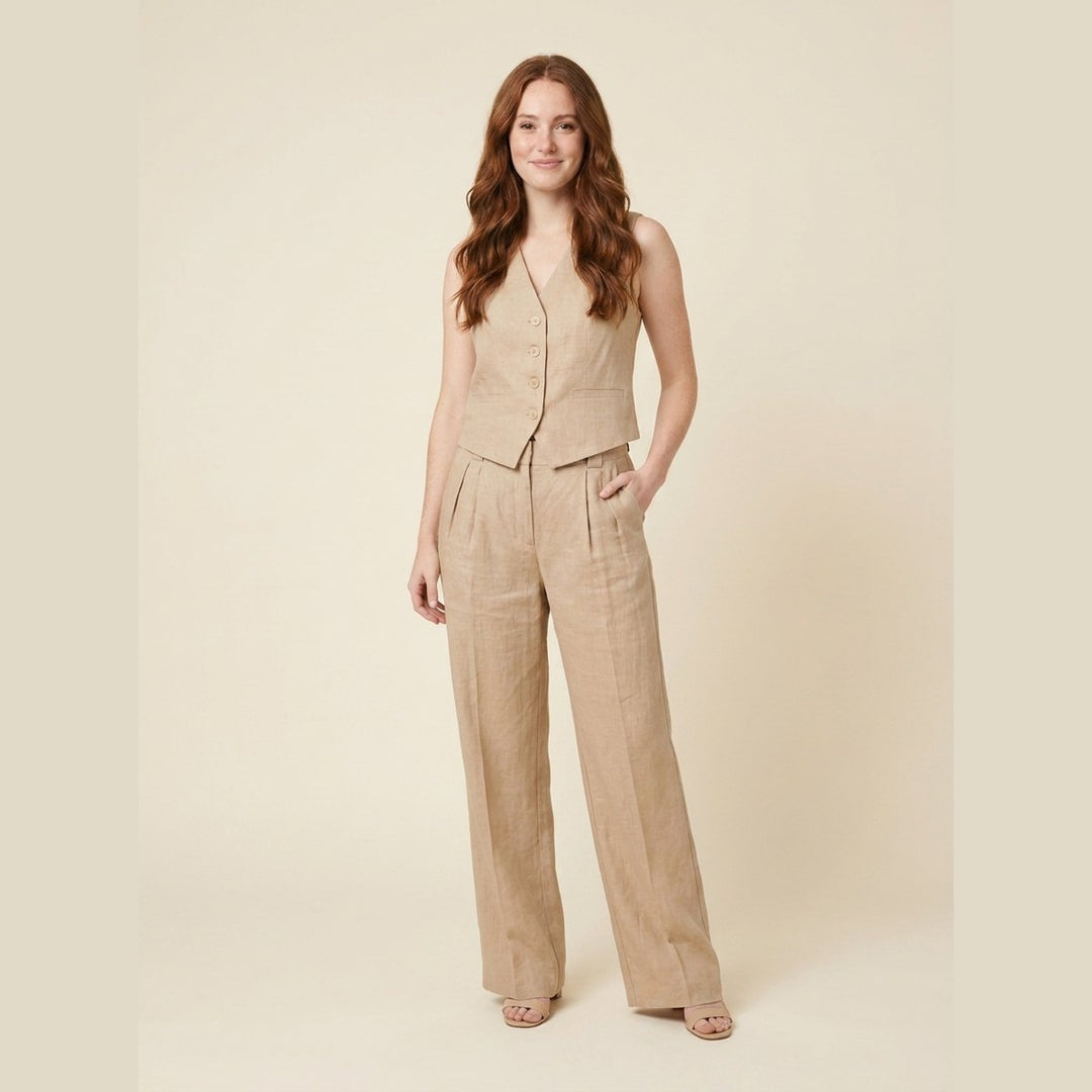 Maverick linen trouser set Khaki - sleeveless waistcoat and wide-leg trousers