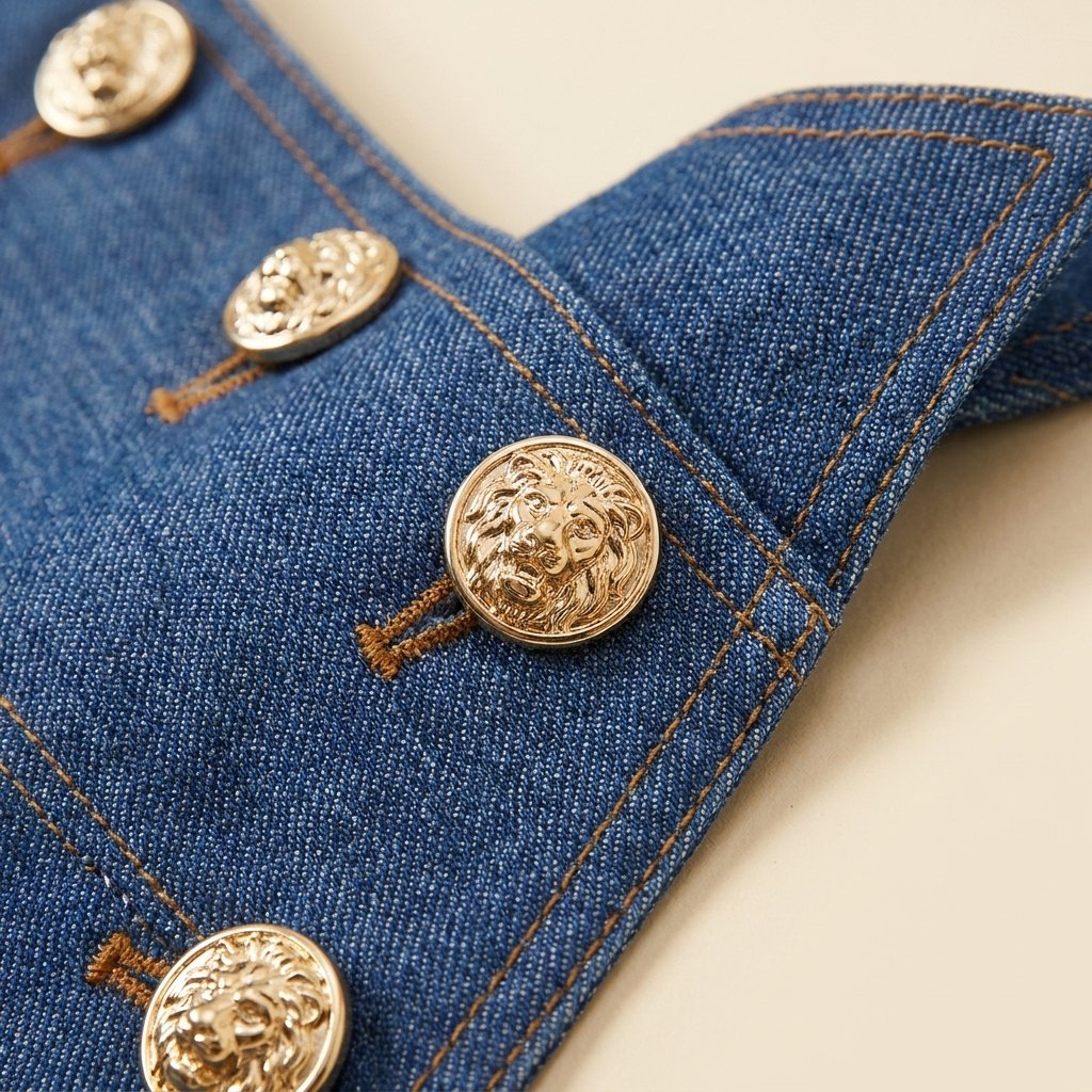 Mela denim set fabric and gold button detail