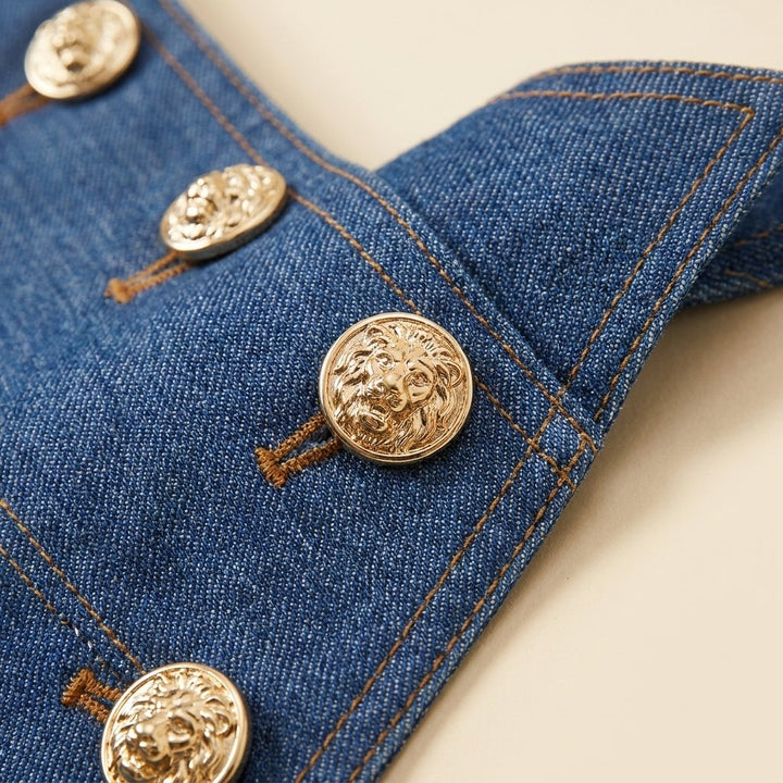 Mela denim set fabric and gold button detail