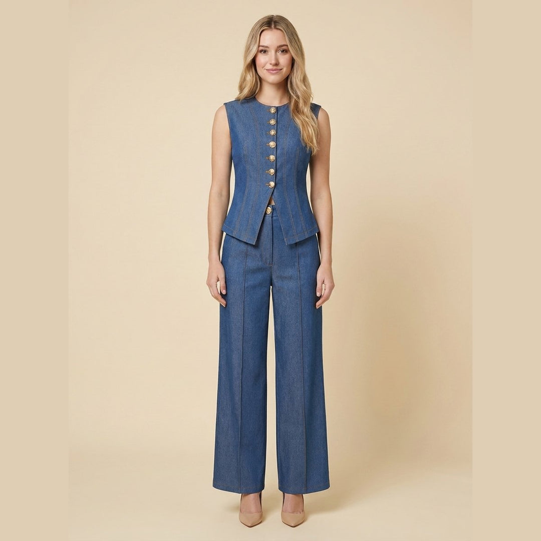 Mela denim two-piece set front - gold button waistcoat and wide-leg trousers