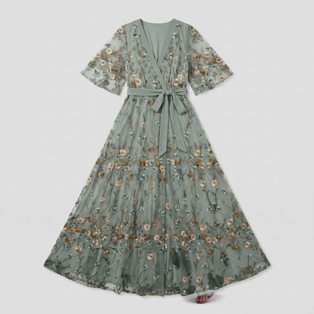 Sage green floral embroidered evening gown, flat-lay product photo