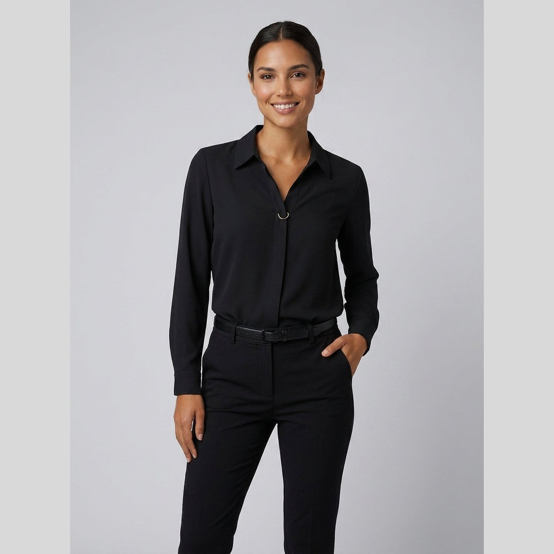 Black button-front blouse, hip length, front view