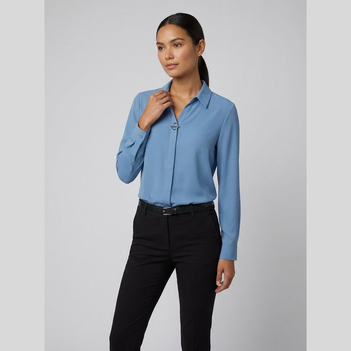 Sky blue button-front blouse, hip length, front view