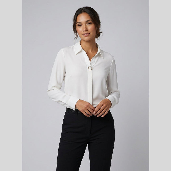 White button-front blouse, hip length, front view