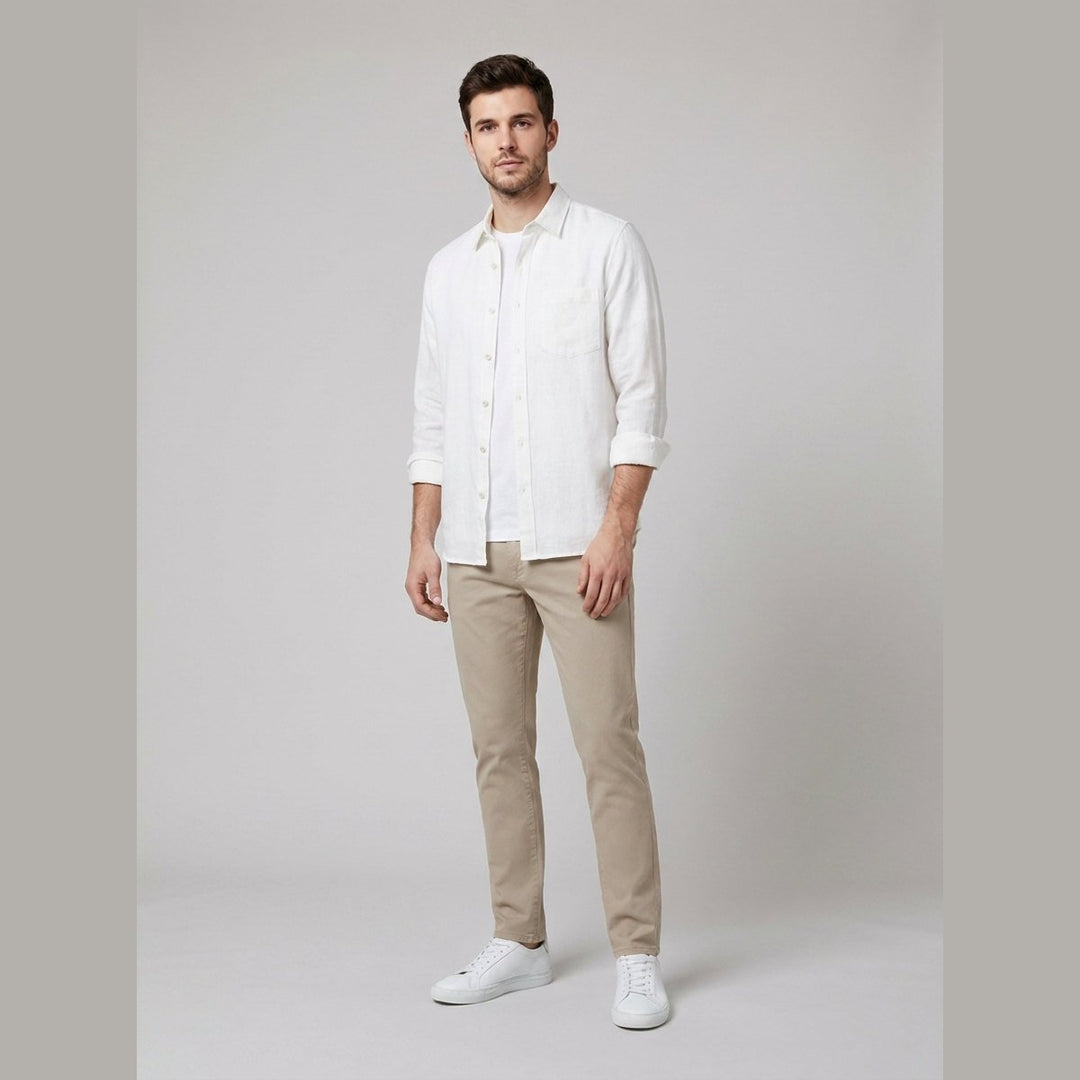 Milo cloud white cotton-linen overshirt on male model